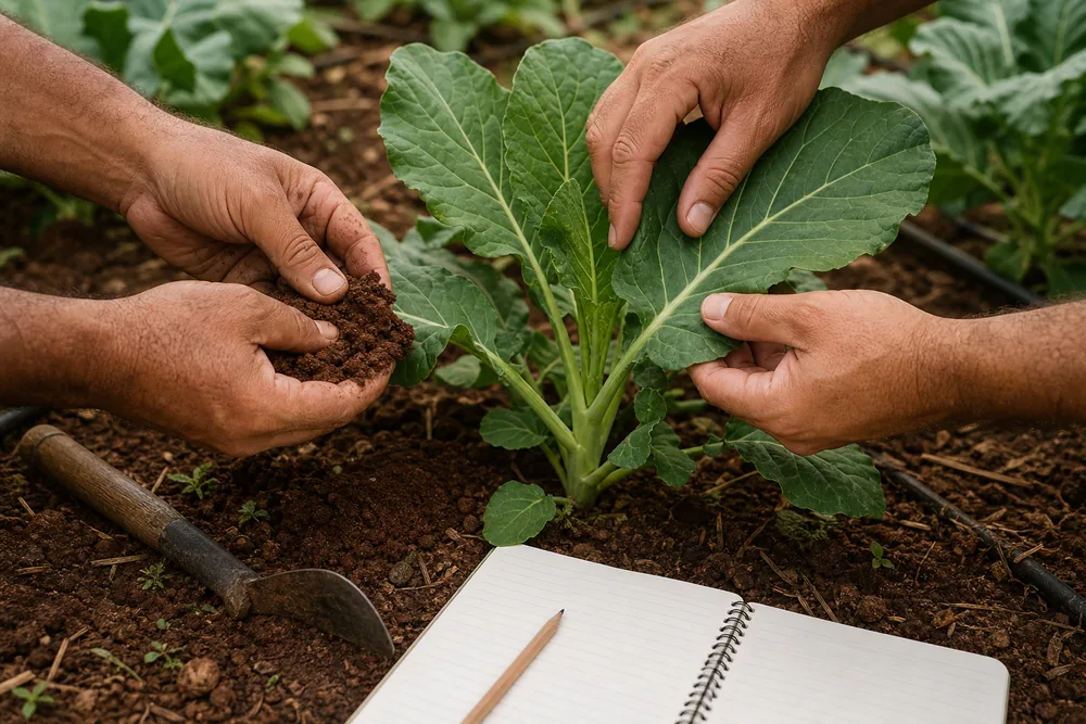 Mãos examinando uma planta e uma amostra de solo durante orientação técnica